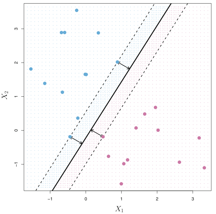 The Maximal Margin Classifier with the Support Vectors. Dotted lines represent the margin.